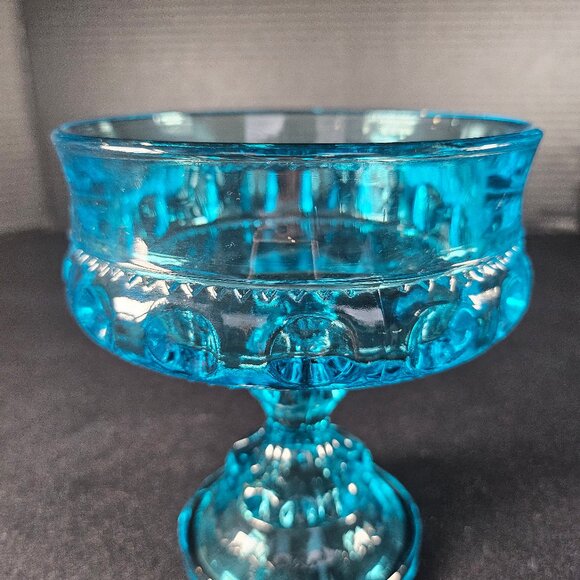 Beautiful Blue King's Crown Thumb Print Pedestal Candy Dish/Compote Bowl 1970s - Picture 8 of 13